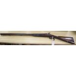 A 19th century twin barrel percussion cap shotgun overall length 109cm (a.f)