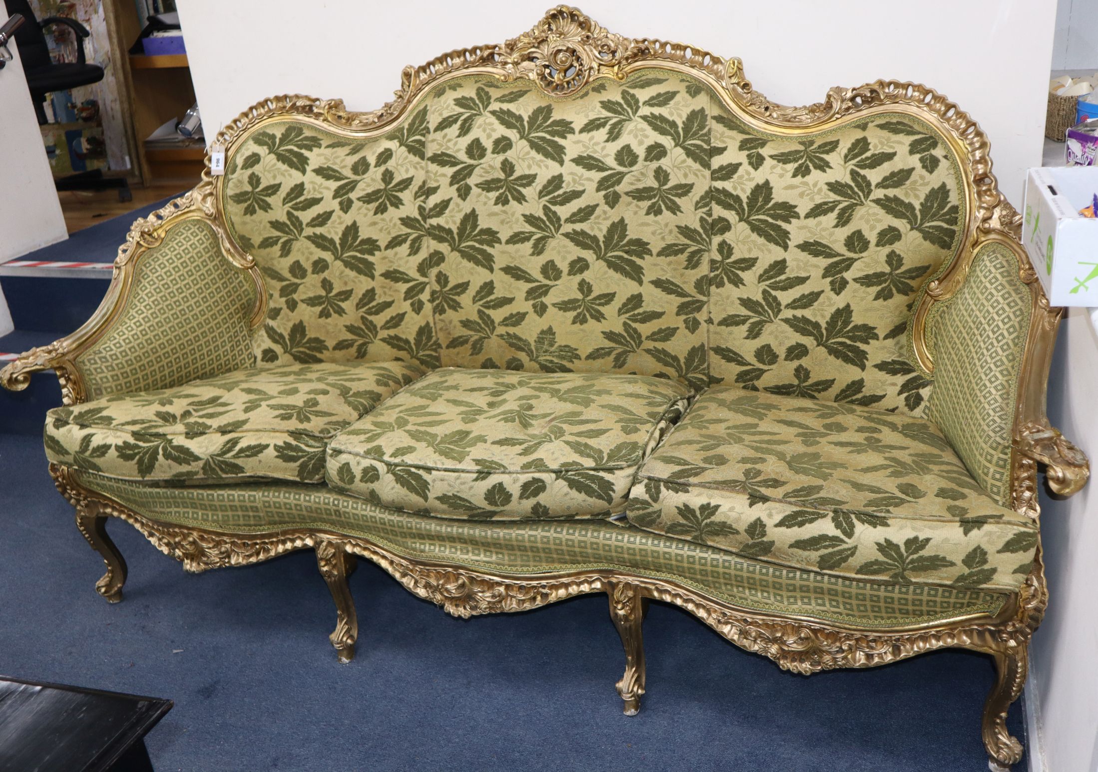 A Louis XVI style giltwood three seater carved settee W.206cm - Image 2 of 2