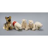 Two replica Steiff rattle bears, a Steiff German Shepherd, a Polar bear ornament and a Steiff