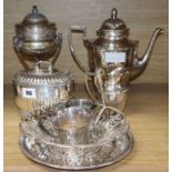 A Scandinavian silver plated three piece tea service, basket, lamp, etc.
