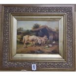 A Victorian style oil on board of donkeys in a farmyard, 19 x 24cm