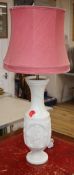 A tall carved alabaster table lamp overall height 85cm