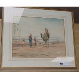 Frederick Goodall, watercolour, Arab riding a camel and herdsmen driving sheep, monogrammed, 28 x