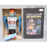 A Japanese Marx Toys Mr Mercury battery-operated robot, with grey tinplate body, blue arms and head,