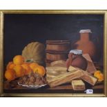 English School, oil on canvas, Still life of oranges, walnuts and boxes on a table, 60 x 75cm