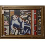 After Fernand Leger, oil on board, Figures and still life, 45 x 65cm