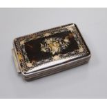 A 19th century French white metal and inlaid tortoiseshell box with hinged cover, 10.2cm.