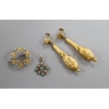 A pair of Victorian 9ct drop earrings, a 15c gem set brooch and a yellow metal and gem set pendant.A