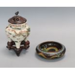 A Chinese famille verte crackle glaze censer, late 19th century (later cover) and a Chinese