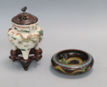 A Chinese famille verte crackle glaze censer, late 19th century (later cover) and a Chinese