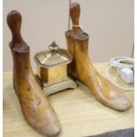 A Regency brass tobacco box and a pair of shoe trees length 26cm