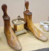 A Regency brass tobacco box and a pair of shoe trees length 26cm