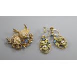 A yellow metal enamel and cultured pearl set bird with nest suite of jewellery, comprising drop