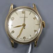 A gentleman's 9ct. gold Longines manual wind wrist watch, with baton & Arabic numerals (strapless).
