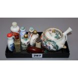 A group of Chinese snuff bottles and a Japanese wine pot