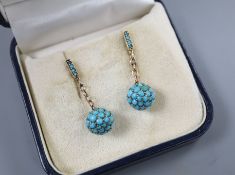 A pair of early 20th century 9ct and turquoise encrusted spherical drop earrings, 32mm.