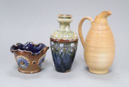 A Doulton Lambeth banded jug, a similar flowerhead decorated bowl, late 19th century and a Royal