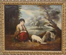 19th century English School, naive oil on canvas, Girl with piglets 40 x 50cm