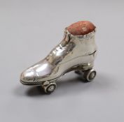 An Edwardian novelty silver mounted roller skate pin cushion, Crisford & Norris, Birmingham, 1909,