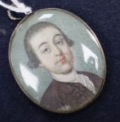 Late 18th century English School, oil on ivory, Miniature portrait of a gentleman in a brown coat