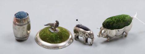 Four assorted silver pin cushions- pig, Levi & Salaman, Birmingham, 1910, elephant Adie & Lovekin,