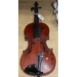 A full-sized French violin, labelled 'companion' L.59cm