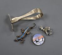 A silver pusher, enamelled white metal lizard brooch, Scandinavian 925S and enamelled brooch and