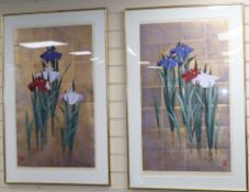 Kazutoshi Sugiura b.1938, pair of limited edition screen prints of irises, signed 85 x 50cm