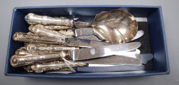 Twelve Birks sterling handled knives and a cheese knife and server and three other silver handled