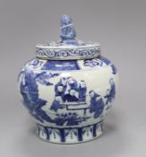 A Chinese blue and white 'Boys' jar, 19th century, later cover height 24cm