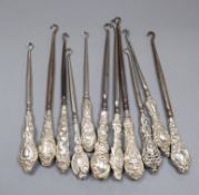 Eleven assorted mainly early 20th century silver handled button hooks.