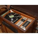 An Art Deco HMV gramophone case, later hifi unit W.75cm