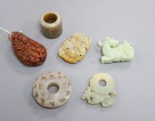 A group of six Chinese jade and hardstone carvings