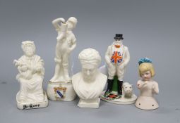 A Carlton souvenir figure of John Bull (Durham), a Grafton China 'The Leaking Boot' figure and three