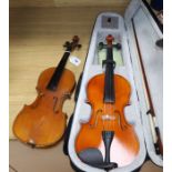 A 3/4 German violin and a Chinese violin with case and bow L.56cm