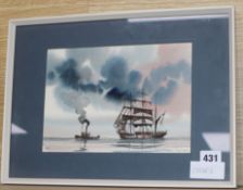 Tony Warner, ink and watercolour, shipping at sea 16 x 23cm