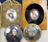 A Victorian oil on ivory miniature of a gentleman and three other miniatures