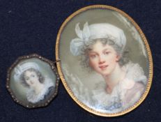 After Elisabeth Louise Vigée Le Brun - oil on ivory, Two miniature self portraits largest 5.5 x 4.