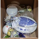 Miscellaneous ceramics and glassware, including a blue and white 'duck' tureen, a Chinese crackle-