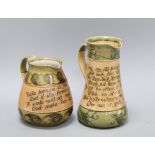 Two Doulton Art Nouveau motto jugs, c.1910, the tallest inscribed 'Come on my old friend and take