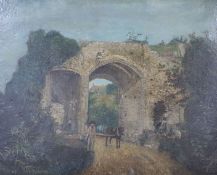 John Chart (1816), oil on board, Ruin of Newgate, inscribed verso 33 x 41cm