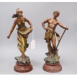 A pair of Art Nouveau painted spelter figures H.37cm