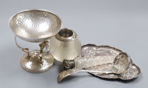 An Edwardian Art Nouveau planished silver pedestal bonbon dish by Elkington & Co and four other