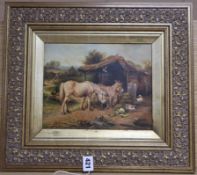 A Victorian style oil on board of donkeys in a farmyard, 19 x 24cm