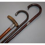 A horn handled and two other silver mounted walking canes