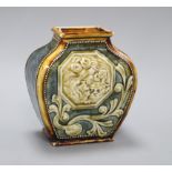 A Doulton Lambeth Aesthetic period rectangular baluster vase, c.1885, relief moulded with a Shi-shi,