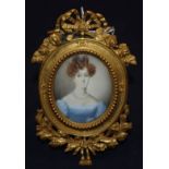 Victorian School, oil on ivory, Miniature portrait of a lady in blue dress in ornate ormolu frame