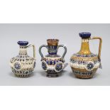 Two Doulton Lambeth incised and 'jewelled' jugs and a similar 2-handled vase, c.1885-1910, 12cm -