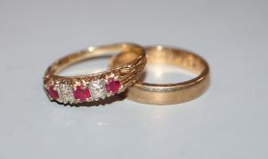 A 9ct gold, ruby and small diamond set ring and a 9ct gold wedding ring, inscribed to interior,