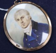 19th century English School, oil on ivory, Miniature portrait of a gentleman wearing a blue coat 7 x